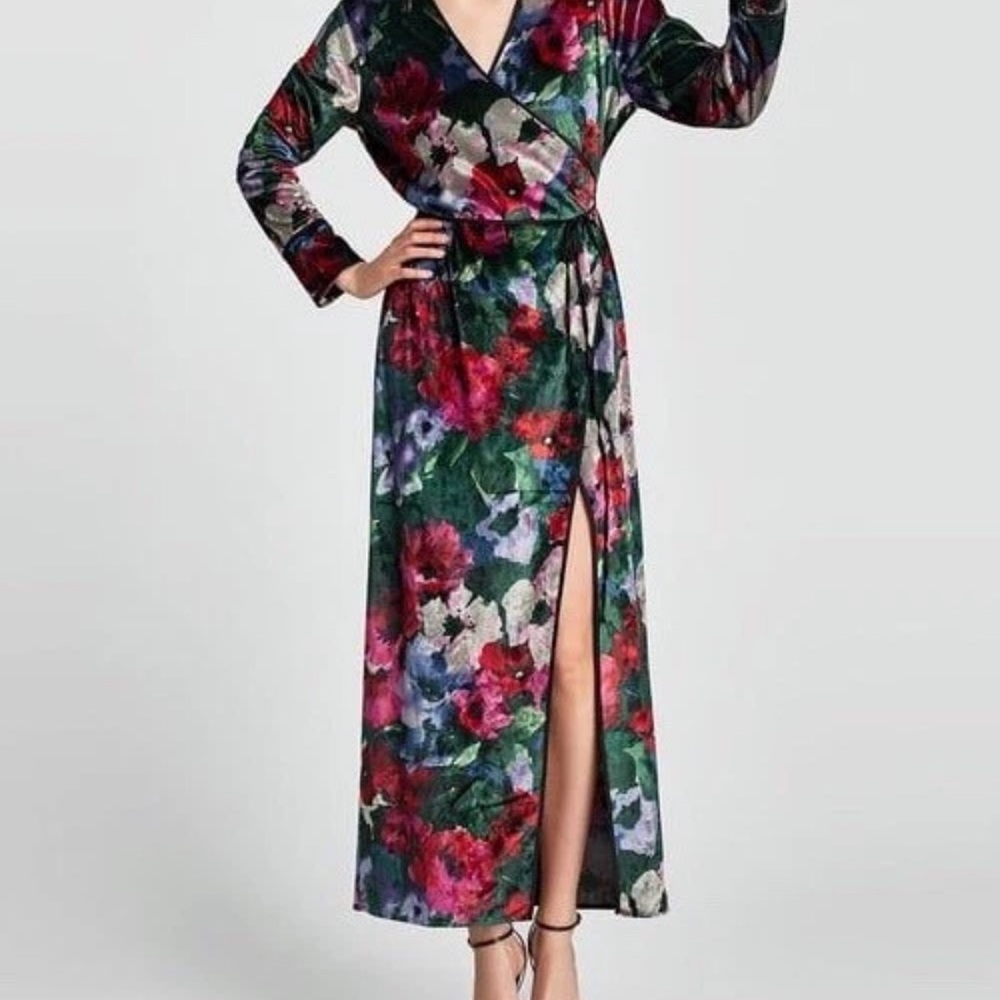 Zara Floral Wrap Maxi Dress - Green, Red, Purple